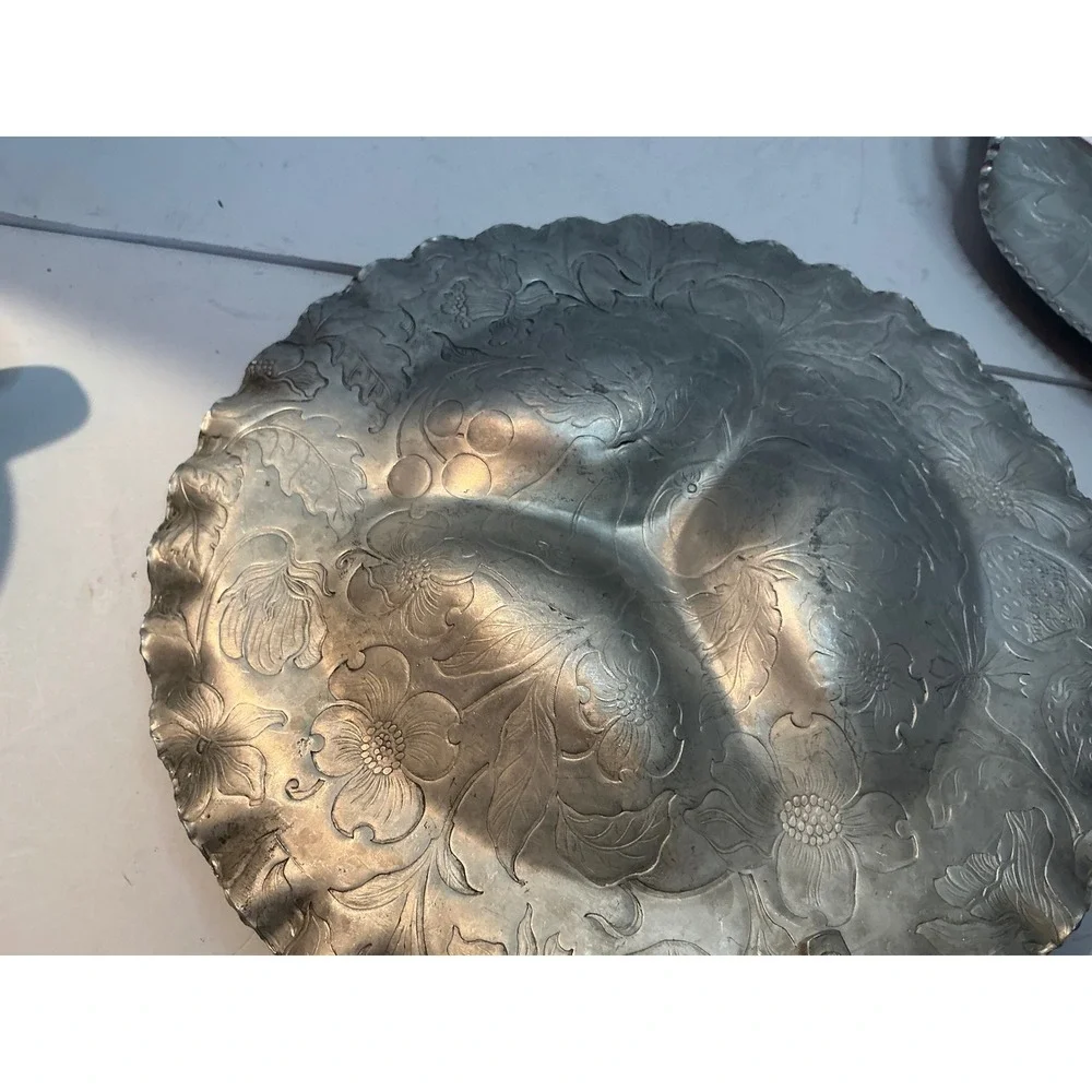 Vintage Aluminum Serving Set Floral Hammered Metal Trays Mid Century